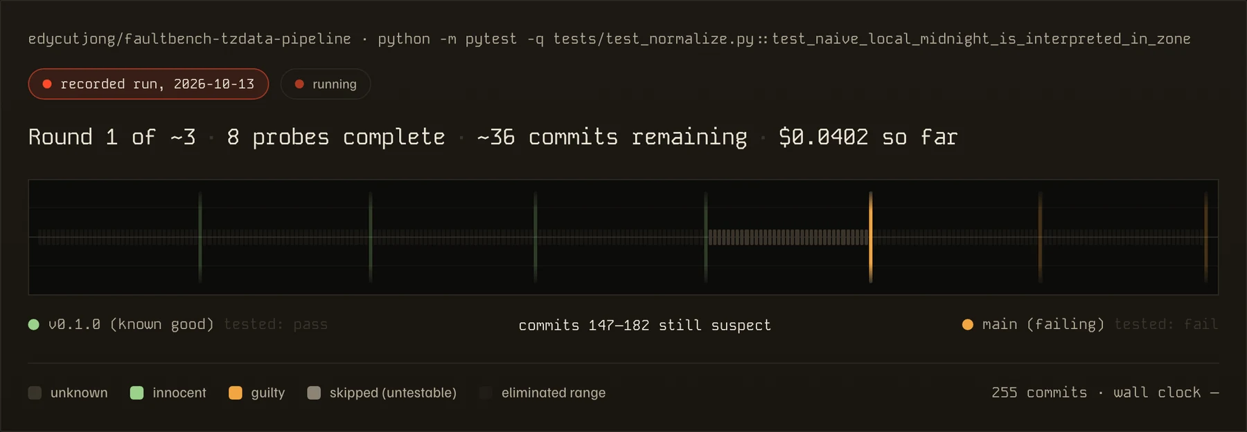 The app's status strip during round 1 of hunt 827dfe7e: eight probes across the 255-commit range